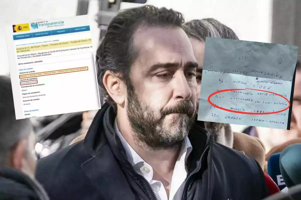 Un hombre con barba y cabello oscuro aparece en primer plano, mientras que en la esquina superior izquierda se superpone una captura de pantalla de un portal de transparencia y en la esquina superior derecha una hoja de papel con anotaciones manuscritas.