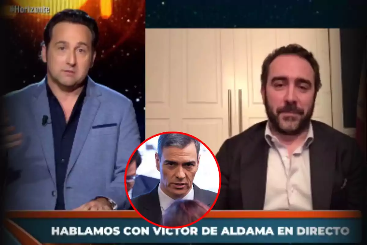 Dos hombres aparecen en una transmisión televisiva con el texto "Hablamos con Víctor de Aldama en directo" y un círculo rojo resalta a otra persona en el centro de la imagen.