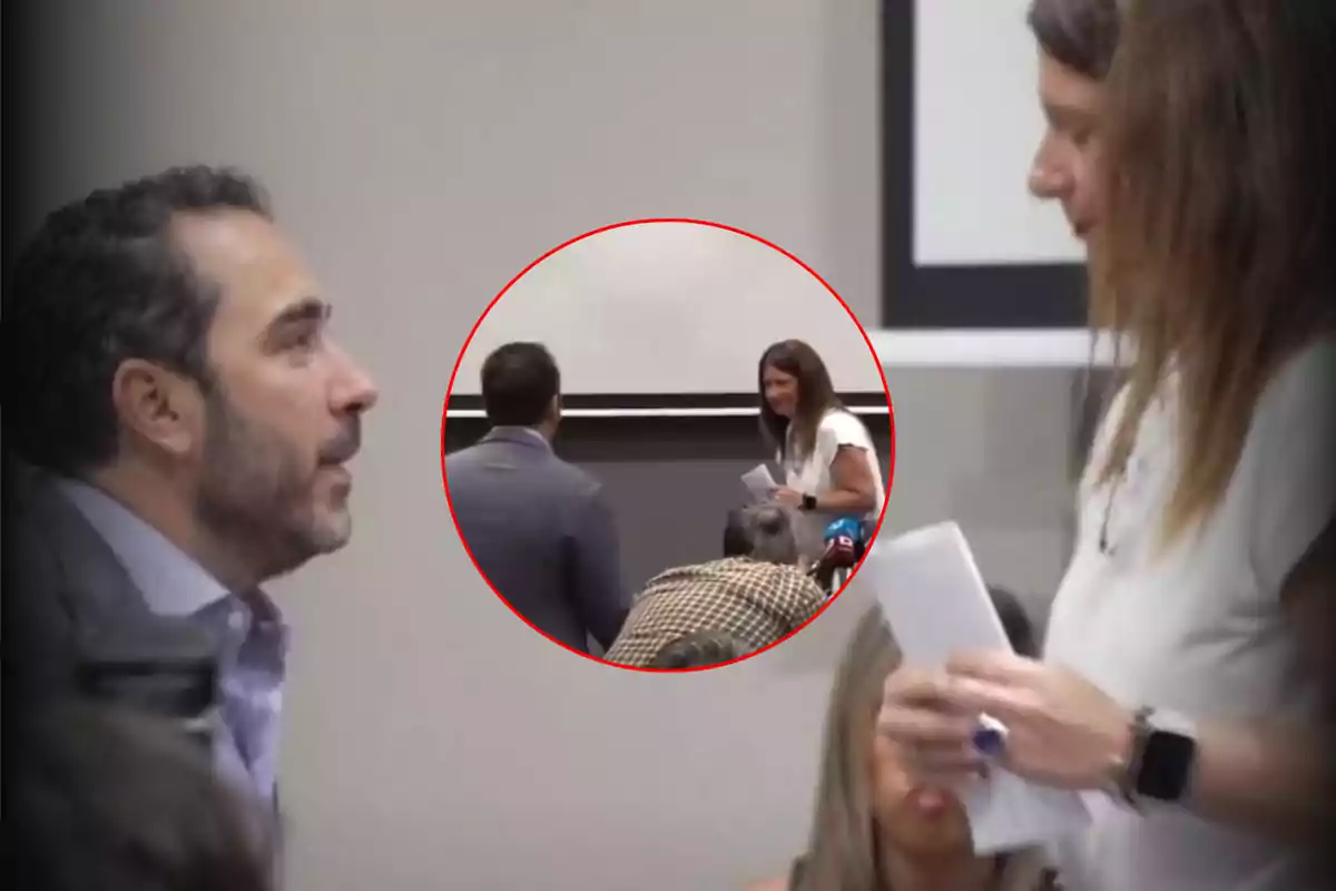 Un hombre y una mujer conversan en un entorno profesional mientras en el centro de la imagen hay un círculo que muestra una escena similar desde otra perspectiva.