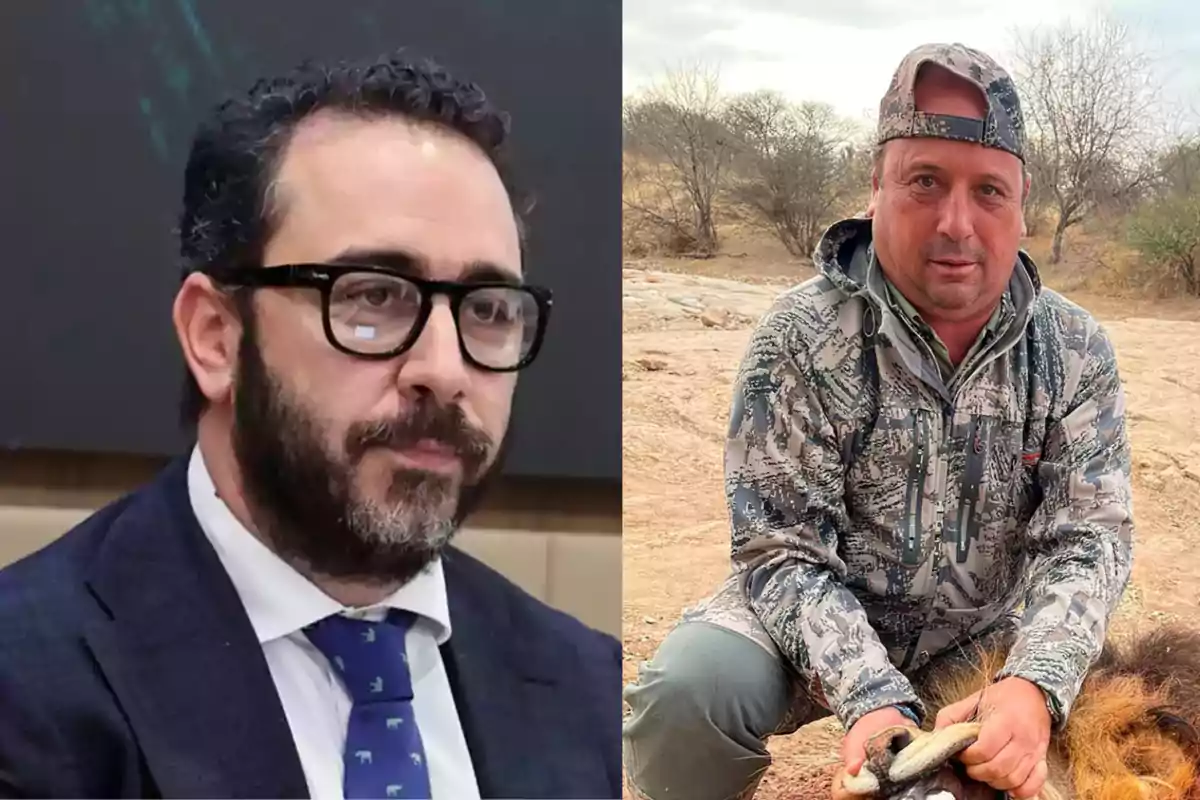 Dos hombres en una imagen dividida; el de la izquierda lleva traje y gafas, mientras que el de la derecha está en un entorno al aire libre con ropa de camuflaje.