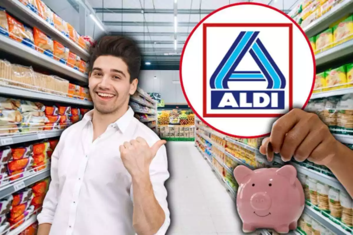 Boy pointing at a piggy bank and the Aldi logo