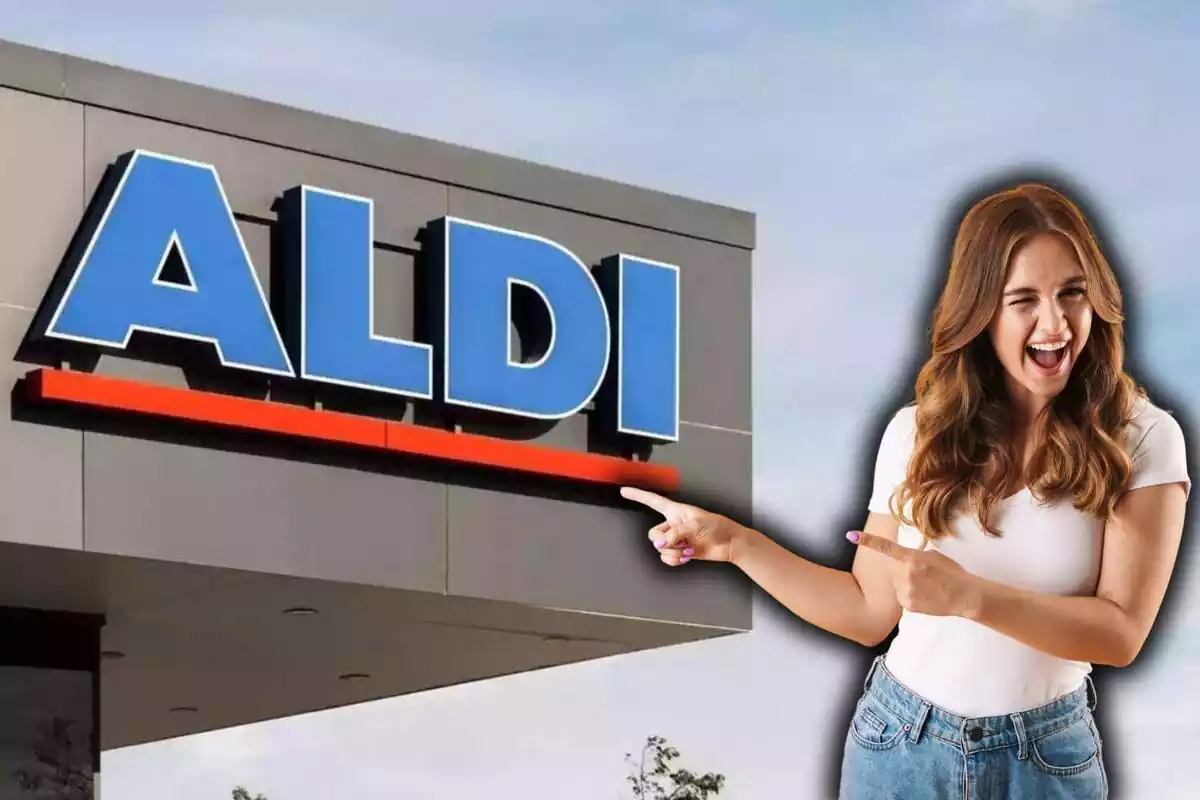 Chica señalando feliz a Aldi