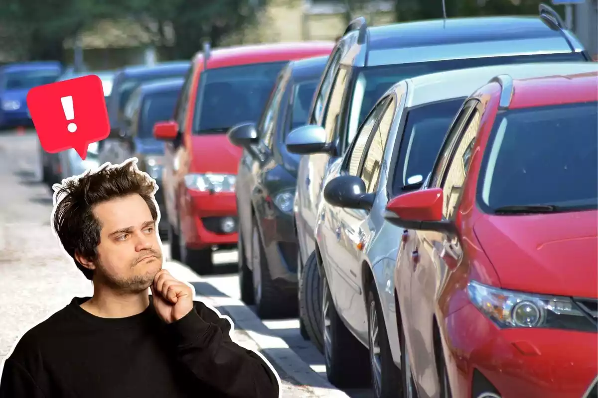 Imagen de fondo de una calle con varios coches aparcados y otra imagen de un hombre con gesto de dudas y una exclamación en la cabeza