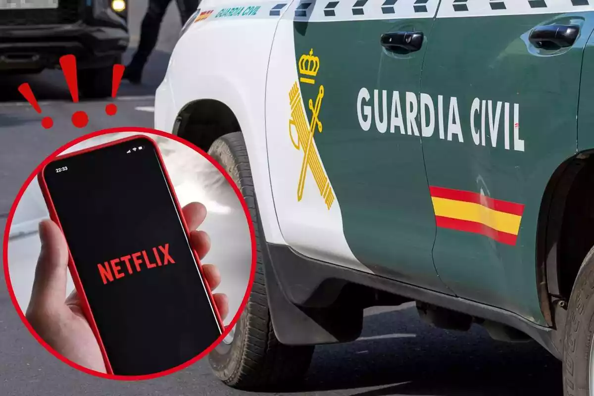 Imagen de fondo de un coche de la Guardia Civil y otra imagen de un móvil con un logo de Netflix en la pantalla, además, un emoticono de unas exclamaciones sobre el teléfono