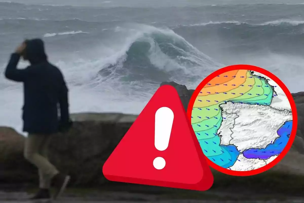 A person walks near rough seas as a weather graphic and warning symbol highlight the danger of the weather conditions.