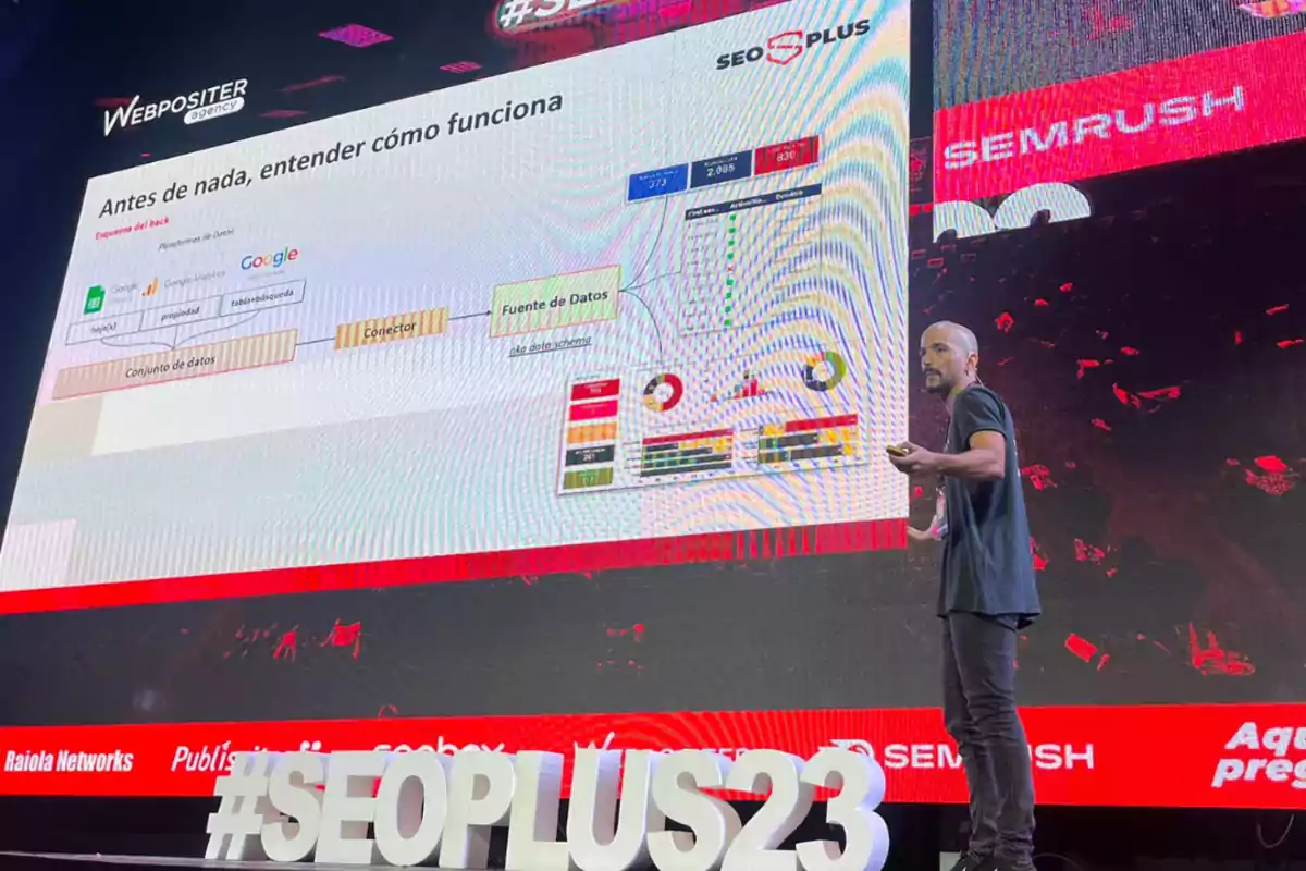 Un hombre dando una presentación en una conferencia de SEO con una pantalla grande que muestra un diagrama sobre el funcionamiento de los datos, con logotipos de Webpositer, SEO Plus y SEMrush en el fondo y un letrero que dice #SEOPLUS23 en la parte inferior.