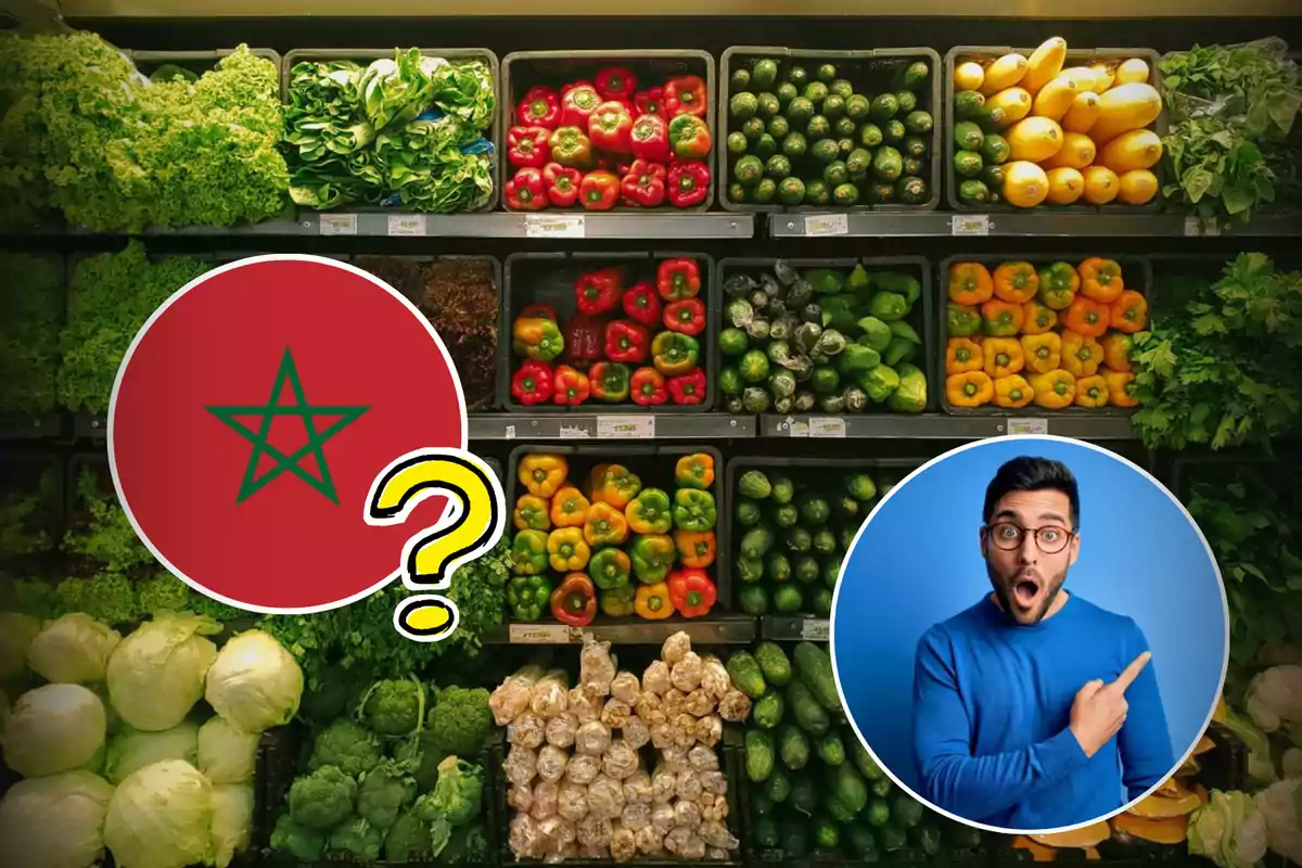 Una variedad de verduras en un supermercado con un gráfico de la bandera de Marruecos y un signo de interrogación, junto a un hombre sorprendido señalando.