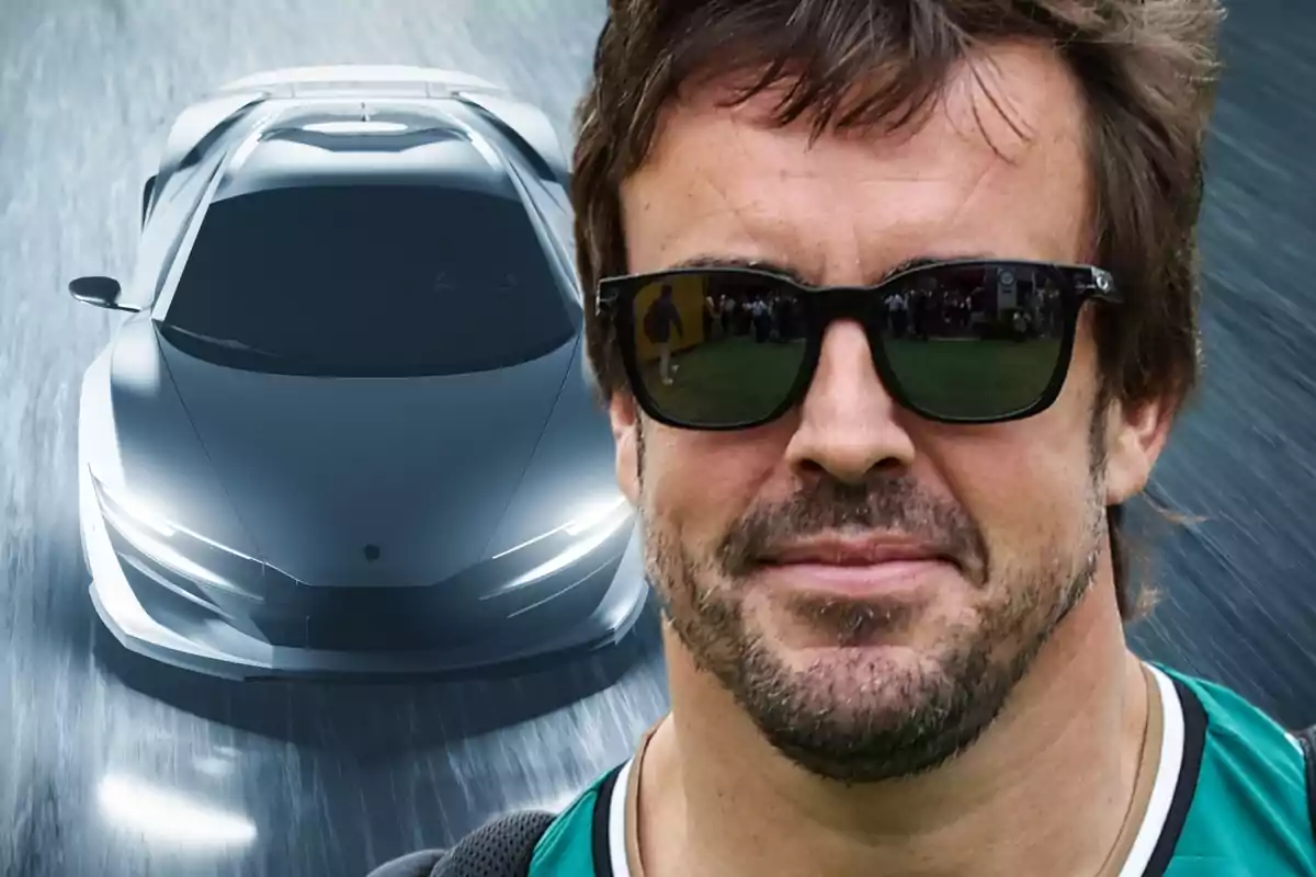 Un hombre con gafas de sol y barba aparece en primer plano, mientras que en el fondo se ve un coche deportivo plateado.