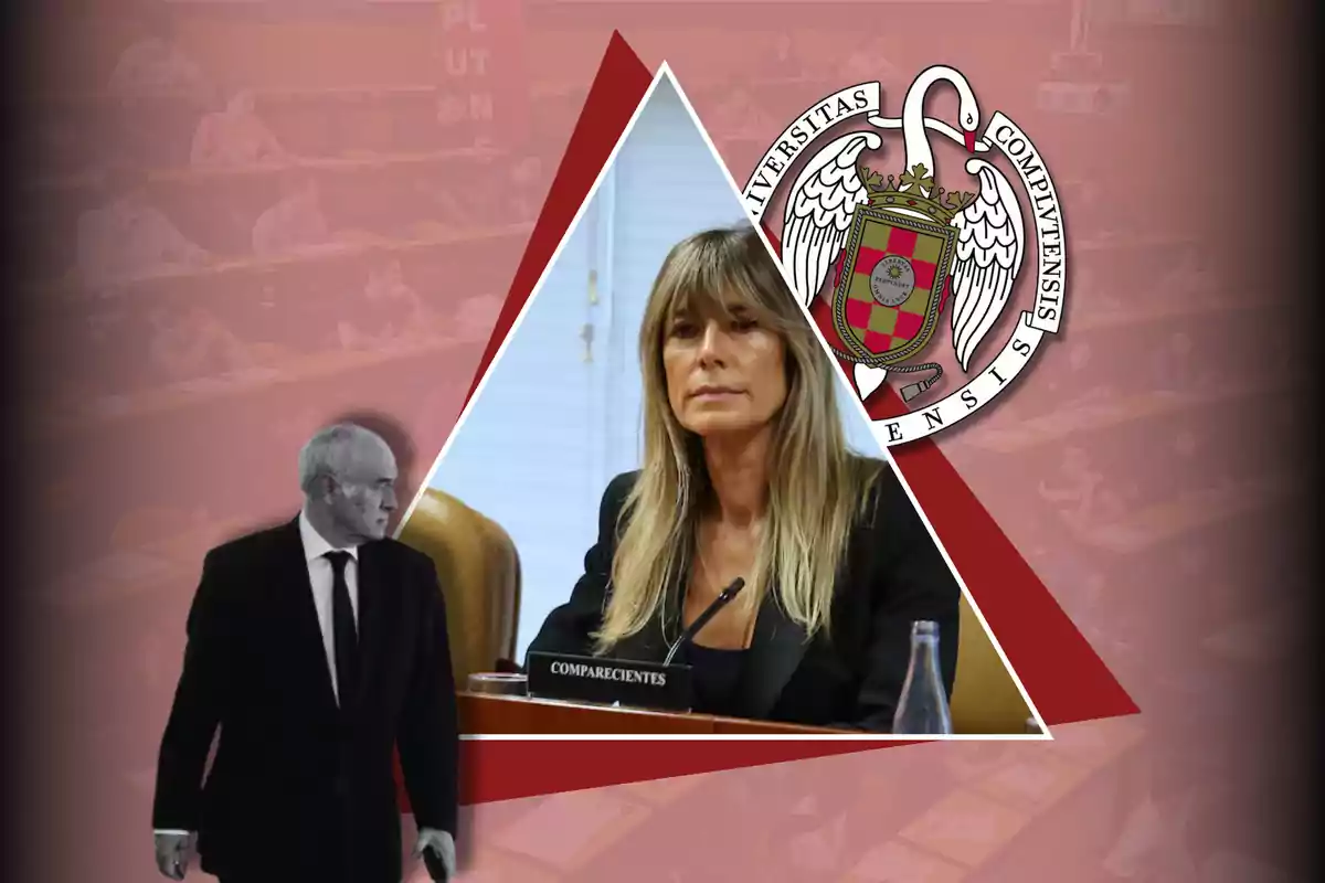 Una mujer sentada en una mesa con un micrófono, un hombre de pie en primer plano y el escudo de la Universidad Complutense de Madrid en el fondo.