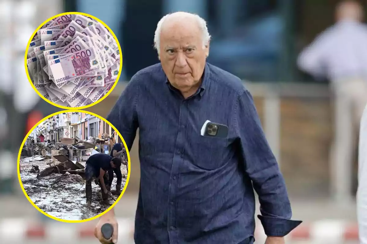 Un hombre mayor camina con un bastón, lleva un teléfono en el bolsillo de su camisa; en la esquina superior izquierda hay una imagen de billetes de 500 euros y en la inferior izquierda una escena de personas limpiando escombros en una calle inundada.