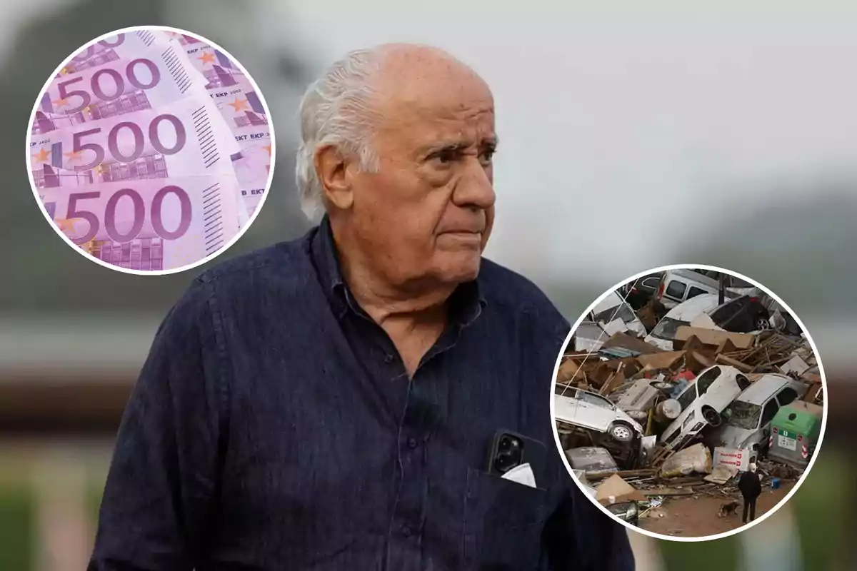 Un hombre mayor con camisa oscura, con imágenes superpuestas de billetes de 500 euros y una escena de autos dañados en un desastre.