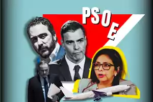 Collage con tres personas en primer plano, un avión y el logo del PSOE en el fondo.