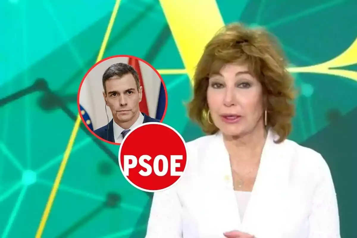Mujer presentando en televisión con un gráfico del PSOE y la imagen de un hombre en el fondo