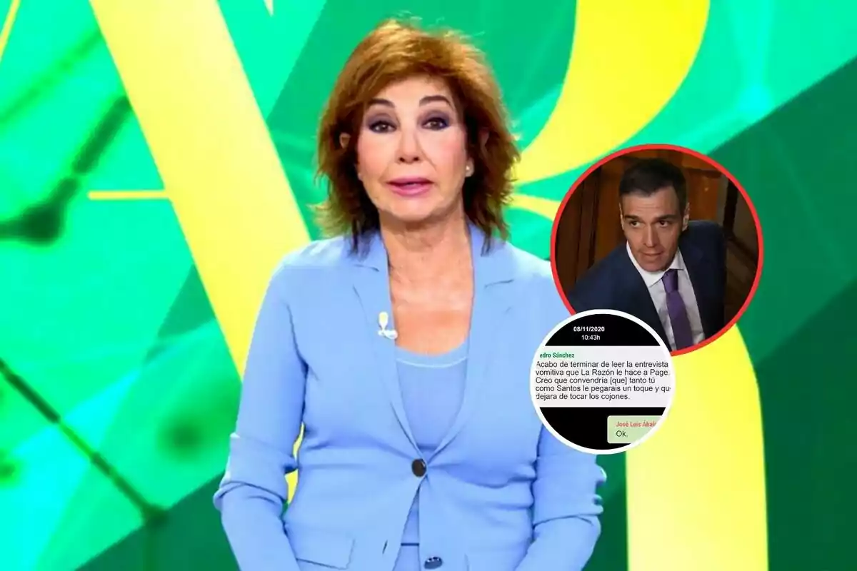 Una presentadora de televisión con un fondo colorido y un recuadro que muestra a un hombre en traje junto a un mensaje de texto.