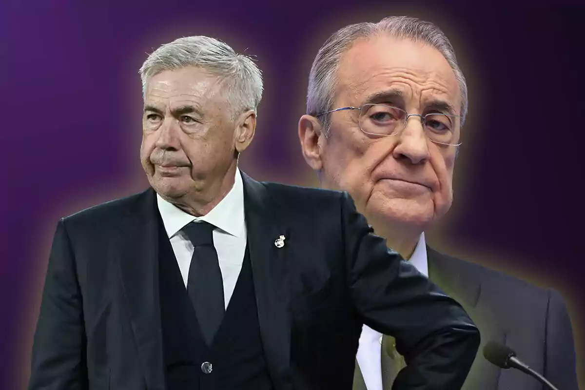 Carlo Ancelotti y Florentino Pérez con trajes oscuros en un fondo púrpura.