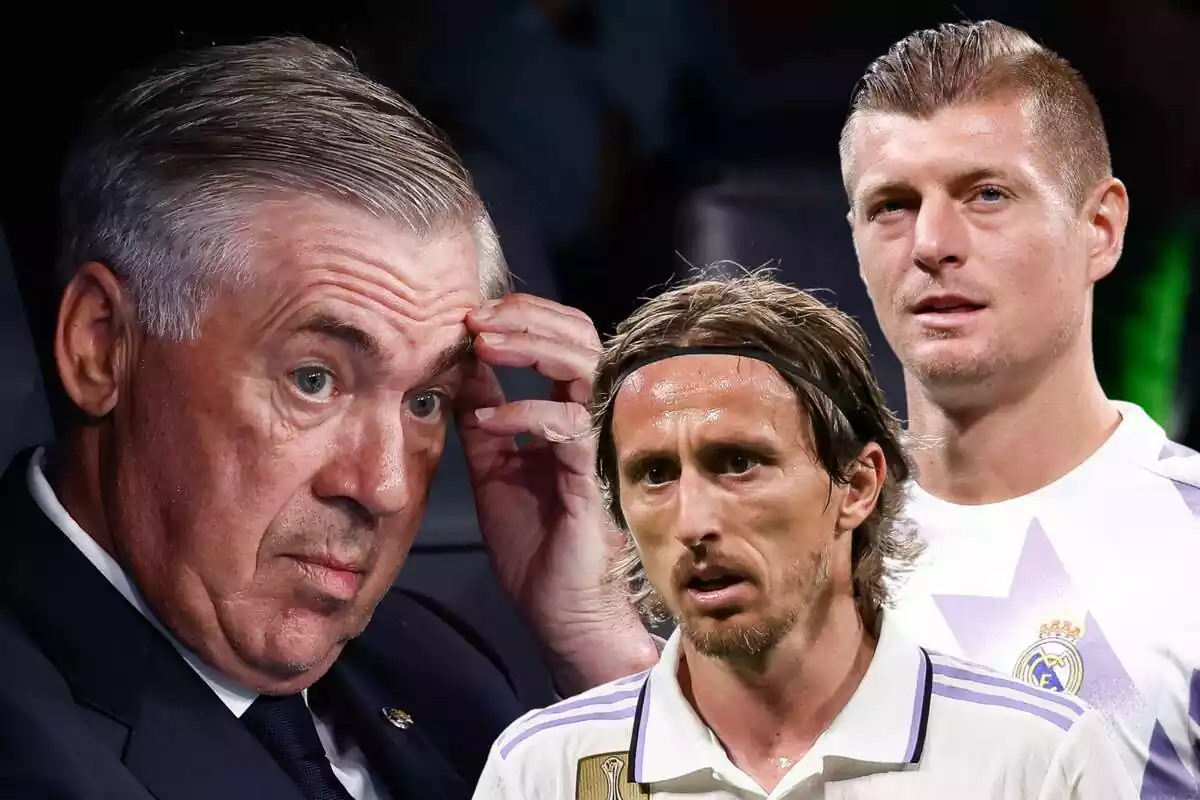 Montaje de Carlo Ancelotti tocándose la cabeza mientras mira a Luka Modric y Toni Kroos