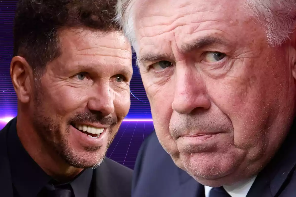 Carlo Ancelotti y Simeone cara a cara en una imagen con un fondo lila