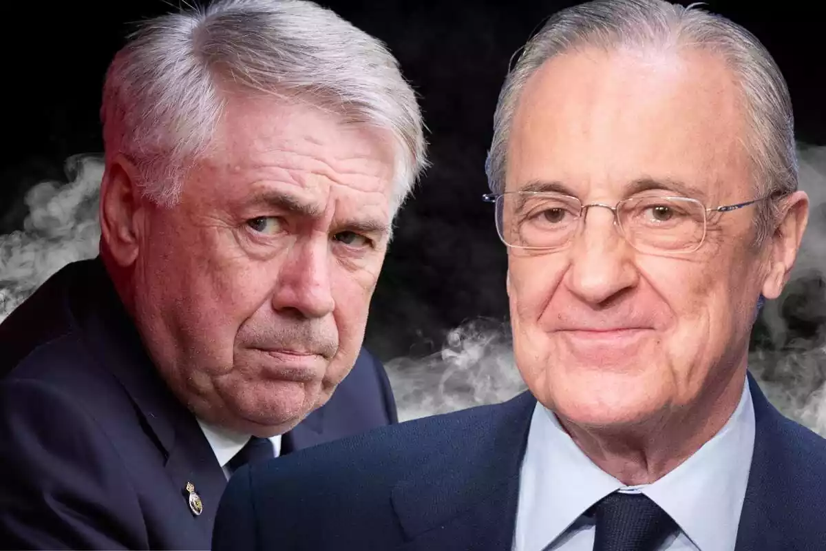 Florentino Pérez y Carlo Ancelotti en primer plano con humo blanco de fondo