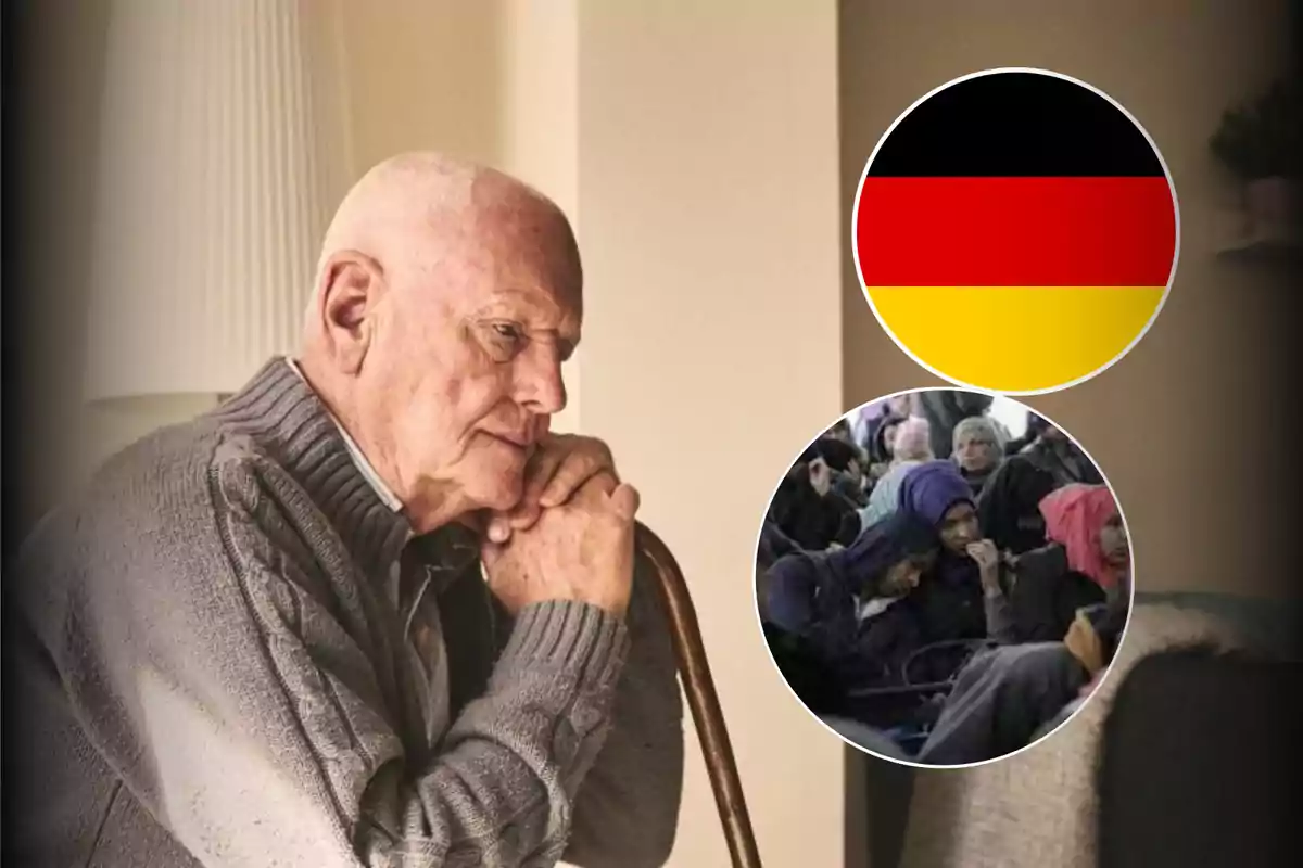 Hombre mayor pensativo apoyado en un bastón con un círculo que muestra la bandera de Alemania y otro círculo con un grupo de personas sentadas