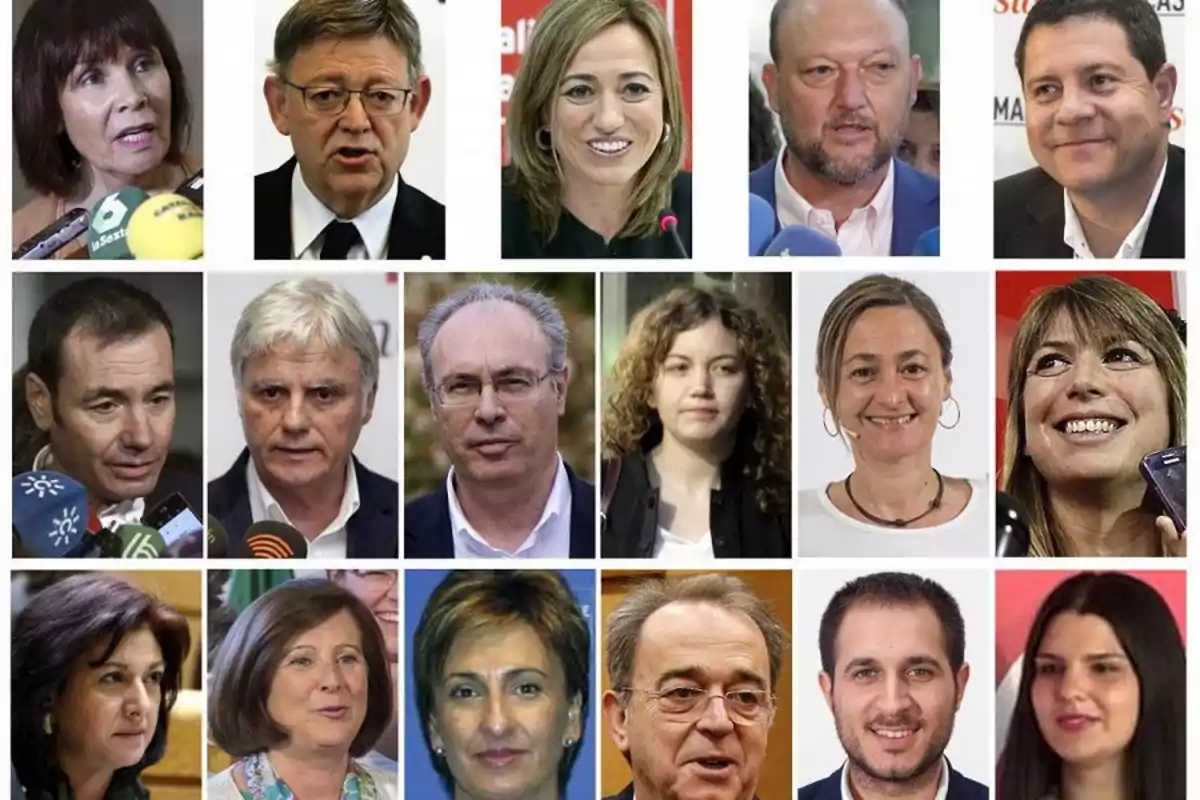 Collage de retratos de dieciséis personas diferentes, hombres y mujeres, en varias situaciones de entrevistas y ruedas de prensa Collage de retratos de dieciséis personas diferentes, hombres y mujeres, en varias situaciones de entrevistas y ruedas de prensa