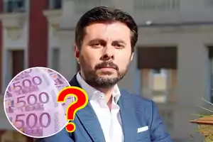 Hombre con barba y traje azul en un entorno urbano con un círculo que muestra billetes de 500 euros y un signo de interrogación.