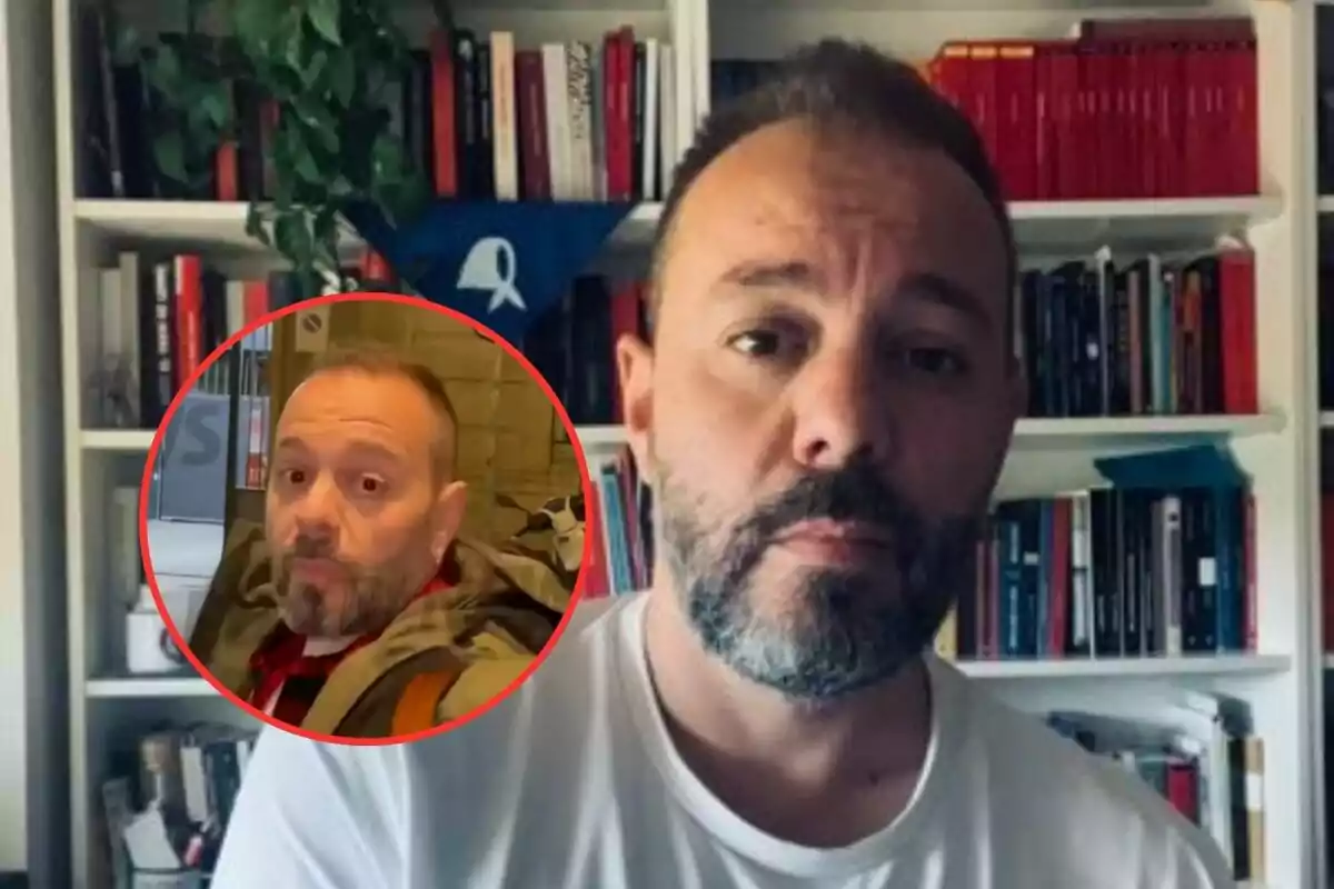 A bearded man in a white T-jersey stands in front of a bookshelf full of books, and there is a red circle showing a close-up of the same person in a different setting.