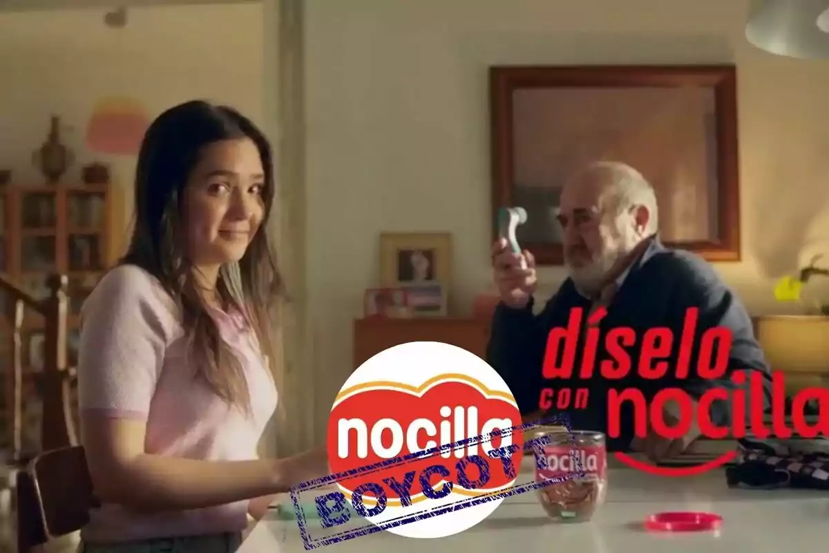 Imagen de una campaña publicitaria de Nocilla con un sello de "Boycott" sobre el logo, mostrando a una joven y un hombre mayor en una cocina.