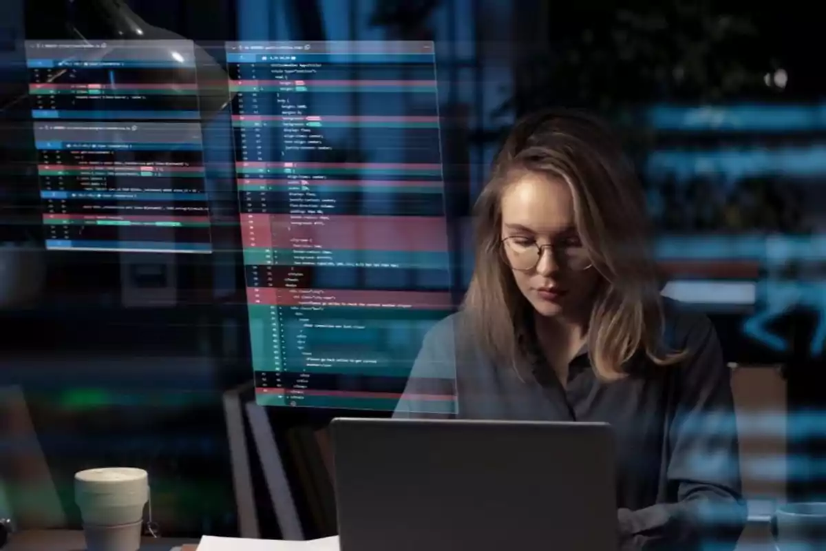 Mujer trabajando en una computadora portátil con código de programación en la pantalla.