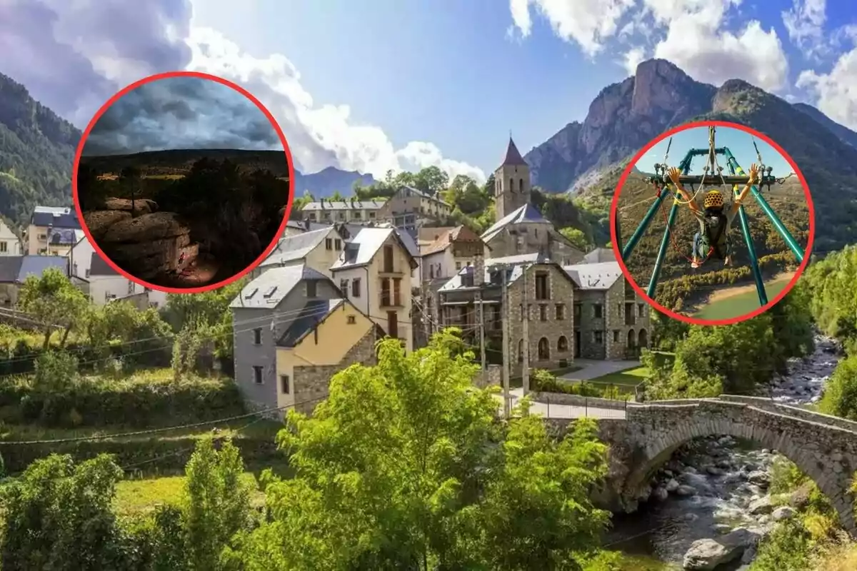 Una pintoresca aldea de montaña con un puente de piedra y un río, rodeada de montañas y vegetación, con dos imágenes circulares superpuestas que muestran un paisaje oscuro y una persona en una atracción de aventura.