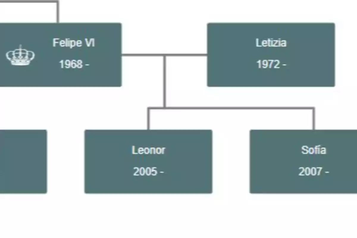 Family tree diagram showing Felipe VI and Letizia as the parents of Leonor and Sofía, with their years of birth indicated. Family tree diagram showing Felipe VI and Letizia as the parents of Leonor and Sofía, with their years of birth indicated.
