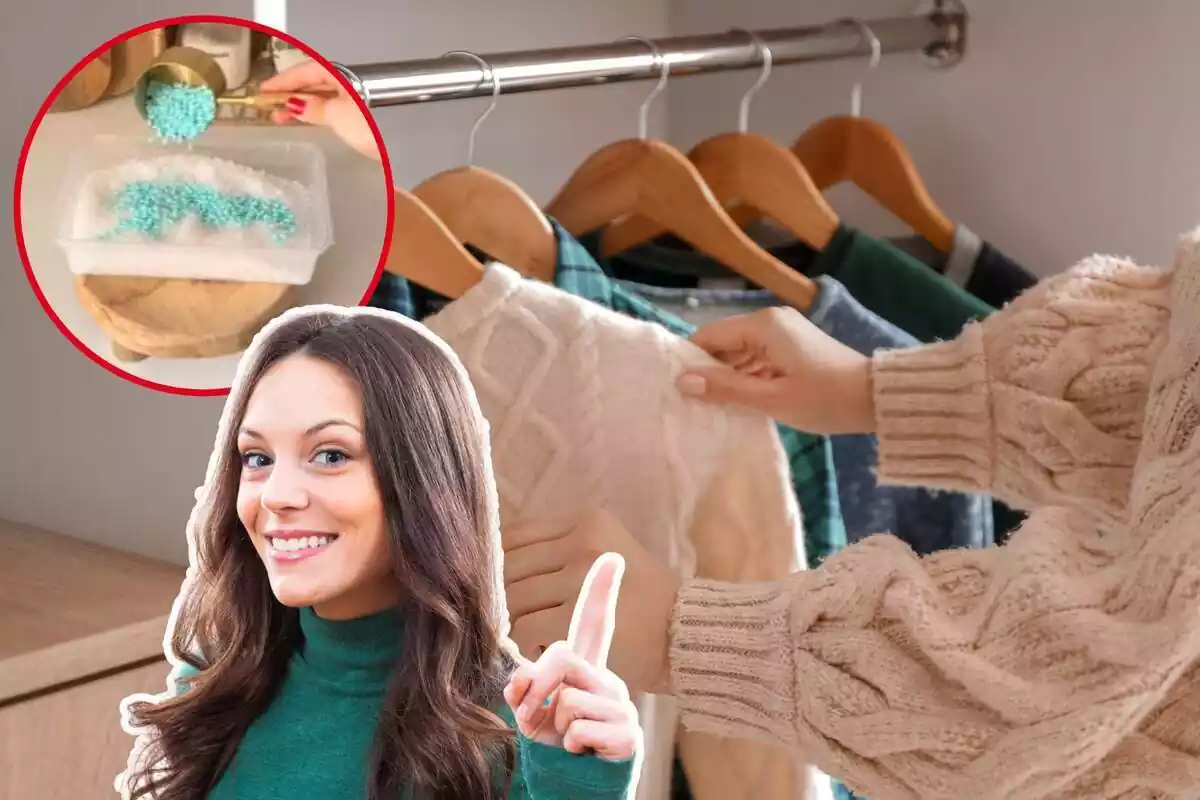 Imagen de fondo de un armario y una persona mirando ropa, otra imagen de una mujer en primer plano con gesto de haber tenido una idea y otra imagen de un recipiente lleno de algunos productos en polvo Imagen de fondo de un armario y una persona mirando ropa, otra imagen de una mujer en primer plano con gesto de haber tenido una idea y otra imagen de un recipiente lleno de algunos productos en polvo