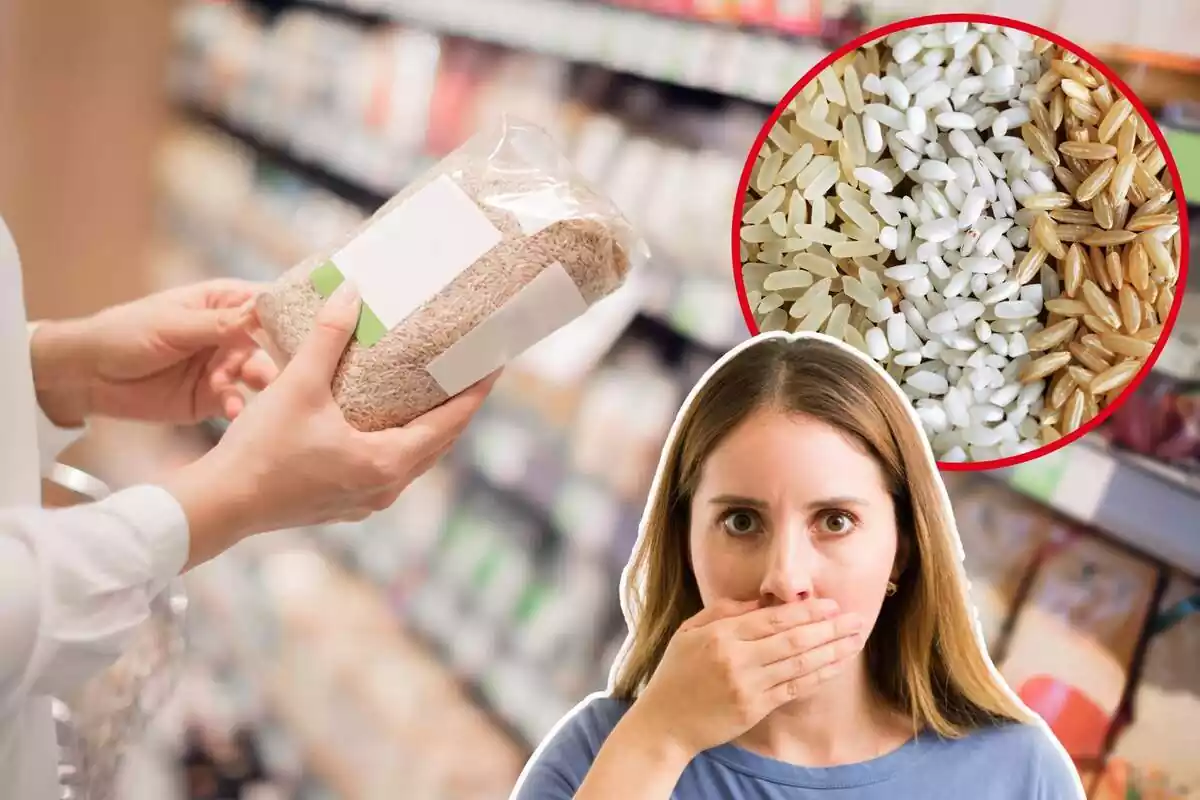 Imagen de fondo de una persona mirando un paquete de arroz en el supermercado junto a otras dos imágenes, una de varios tipos de granos de arroz y otra de una mujer con gesto de sorpresa Imagen de fondo de una persona mirando un paquete de arroz en el supermercado junto a otras dos imágenes, una de varios tipos de granos de arroz y otra de una mujer con gesto de sorpresa