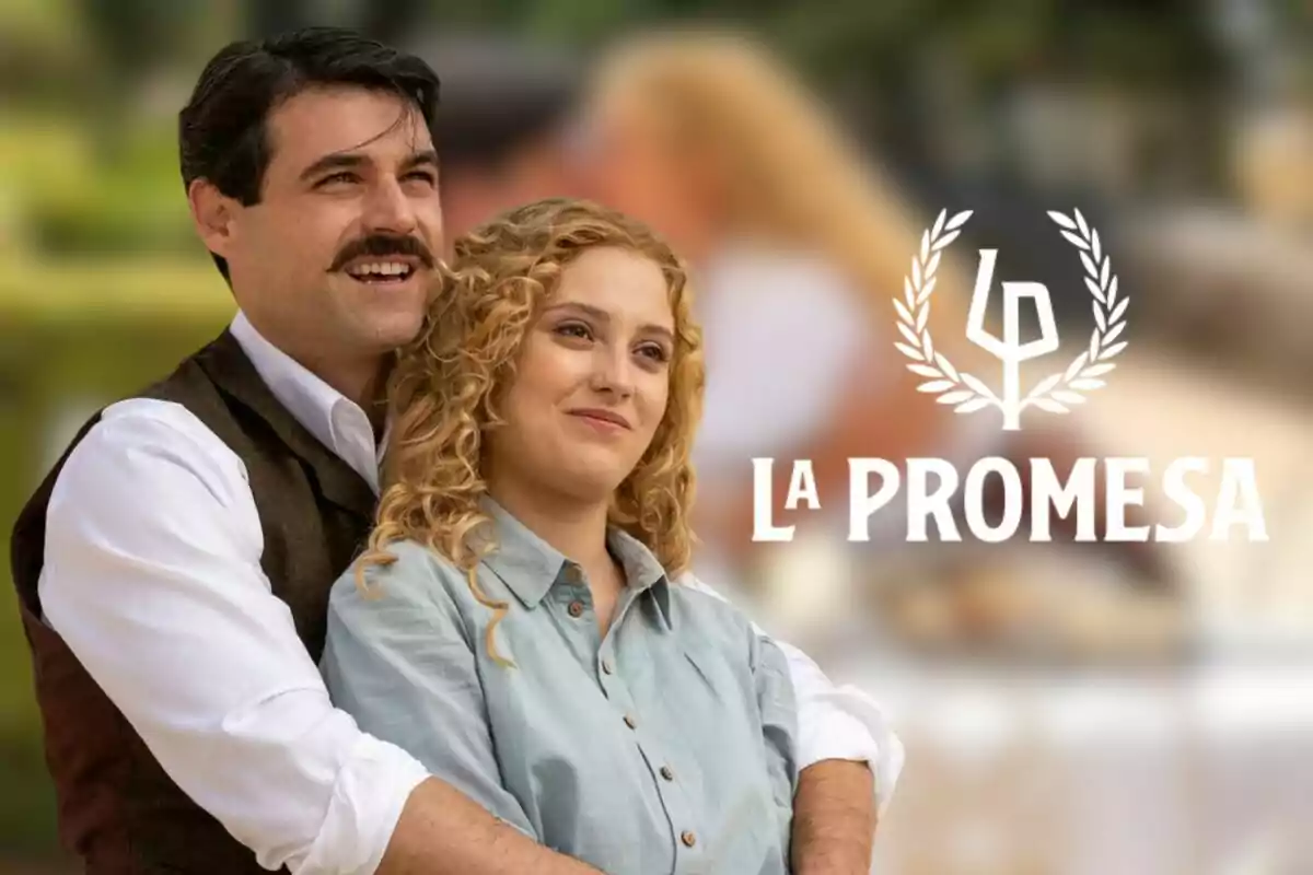 Arturo Sancho y Ana Garcés sonrientes se abrazan en un entorno al aire libre con el texto "La Promesa" al lado.