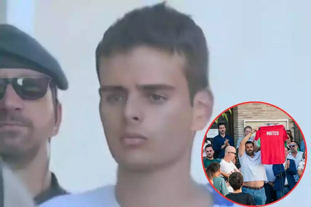 Un joven con expresión seria está acompañado por un hombre con gafas de sol y boina, mientras que en un recuadro se muestra a un grupo de personas sosteniendo una camiseta roja con el nombre "Mateo".