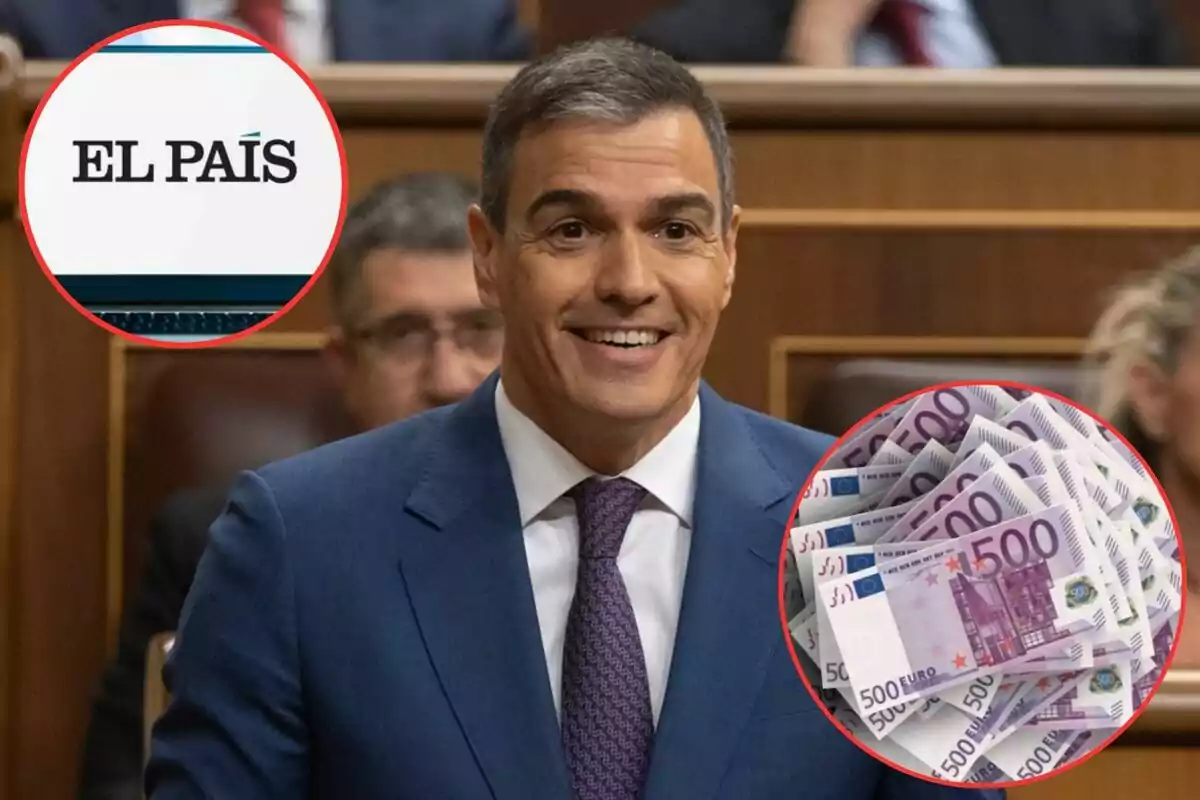 Un hombre sonriente en un entorno formal con dos círculos superpuestos, uno mostrando el logo de "El País" y el otro una pila de billetes de 500 euros.