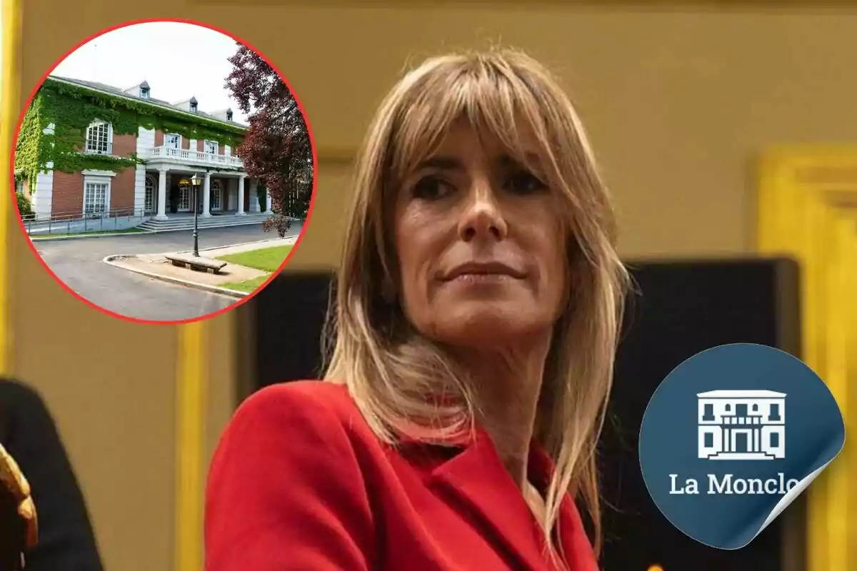 Mujer con chaqueta roja frente a un edificio con fachada cubierta de vegetación, con el logo de La Moncloa en la esquina.