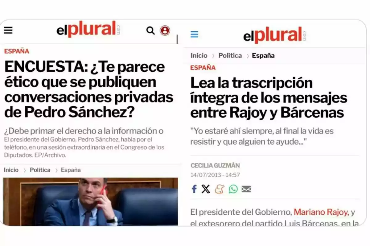 Portada de El Plural con titulares sobre la ética de publicar conversaciones privadas de Pedro Sánchez y la transcripción de mensajes entre Rajoy y Bárcenas. Portada de El Plural con titulares sobre la ética de publicar conversaciones privadas de Pedro Sánchez y la transcripción de mensajes entre Rajoy y Bárcenas.