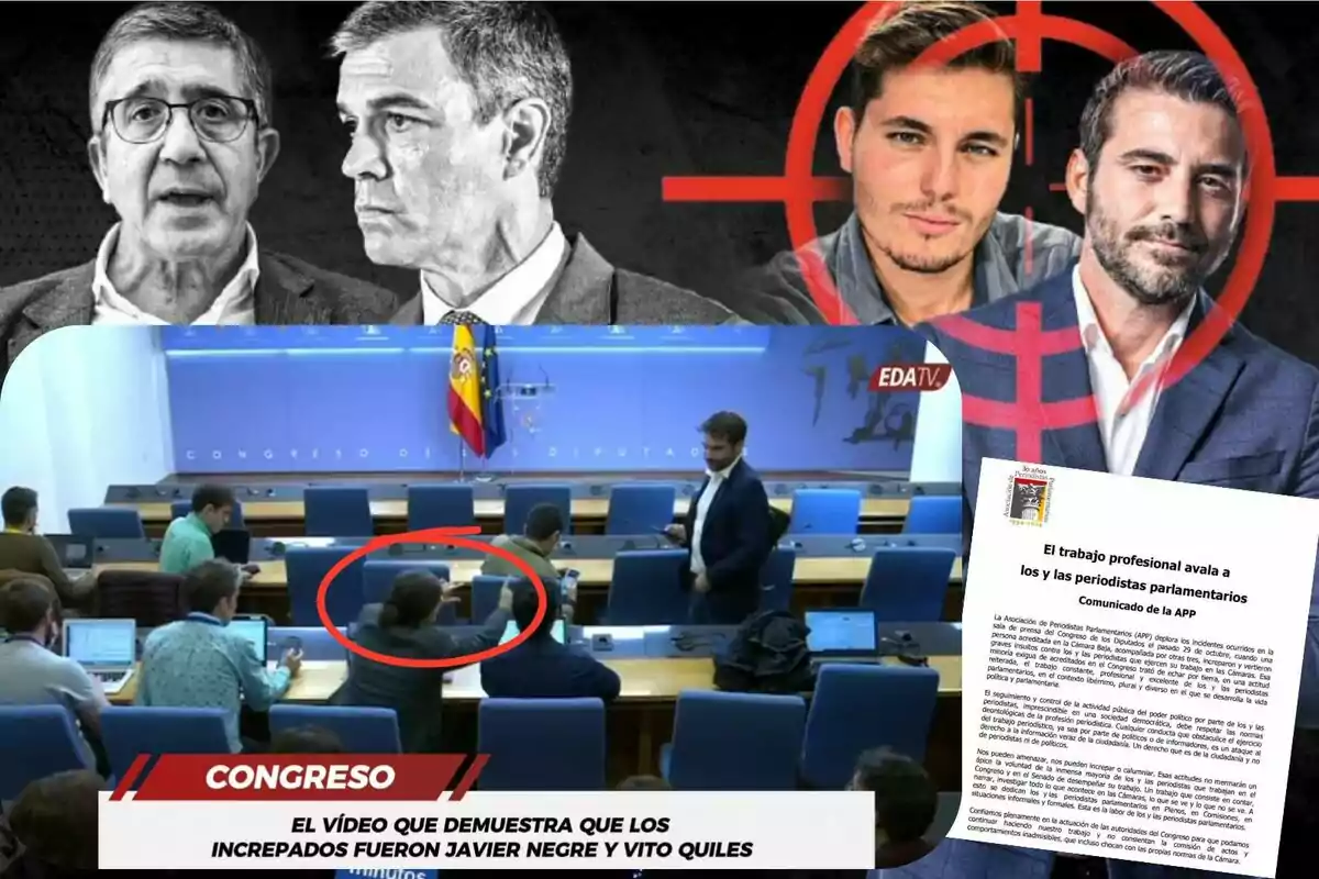 Una imagen compuesta muestra a varias personas en diferentes contextos, incluyendo un fondo con dos hombres en blanco y negro, dos hombres con un objetivo rojo sobre ellos, una sala de conferencias con personas trabajando en computadoras y un documento titulado "El trabajo profesional avala a los y las periodistas parlamentarios".