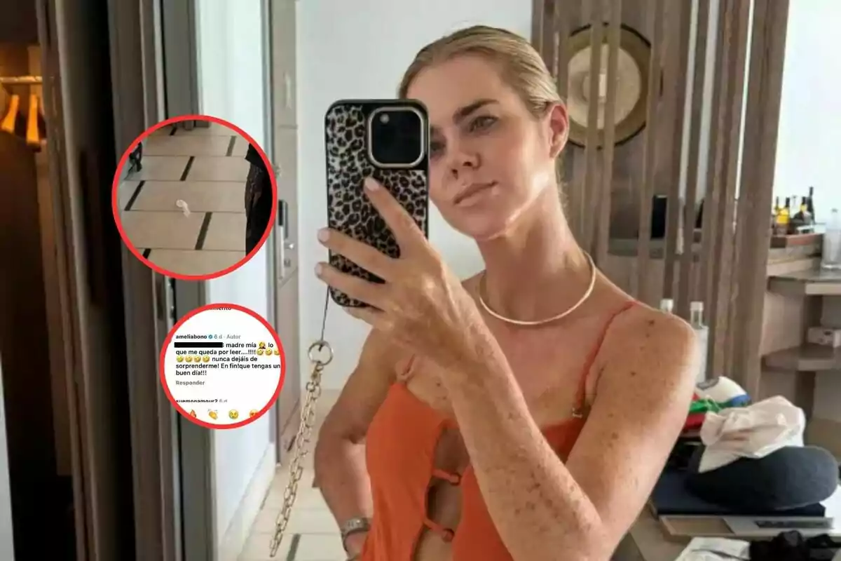 Una persona se toma una selfie frente a un espejo, sosteniendo un teléfono con una funda de estampado animal; lleva un vestido naranja y un collar dorado, y en el fondo se ven algunos objetos sobre una mesa; hay un círculo rojo que resalta un detalle en el suelo y un comentario en la parte inferior de la imagen.