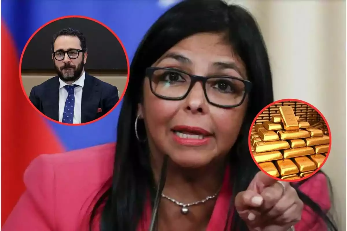 Una mujer con gafas y chaqueta rosa habla mientras señala hacia adelante con dos imágenes circulares superpuestas que muestran a un hombre con barba y lingotes de oro.