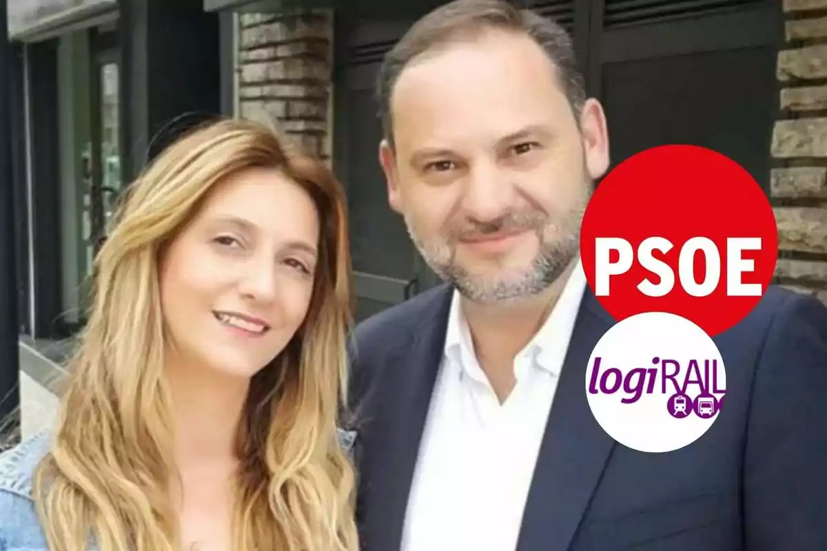 A woman and a man pose together smiling in front of a building, with PSOE and LogiRAIL logos overlaid on the image.