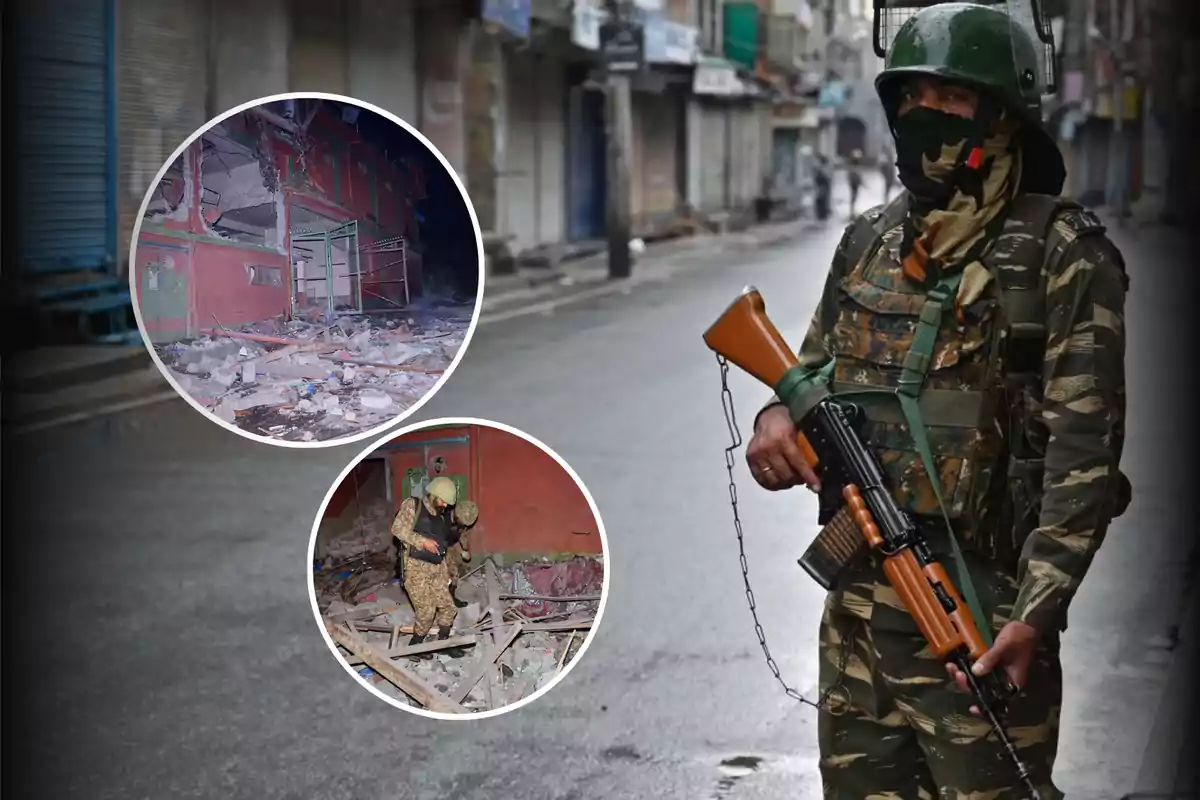Un soldado con uniforme de camuflaje y casco sostiene un rifle en una calle desierta, mientras dos imágenes circulares muestran escenas de destrucción con escombros y otro soldado inspeccionando el área.