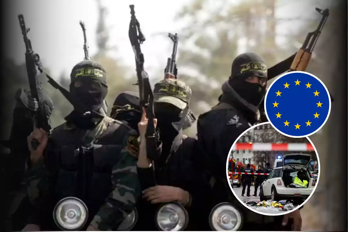 Group of masked people with weapons, next to a European Union symbol and a crime scene with a car and police officers.