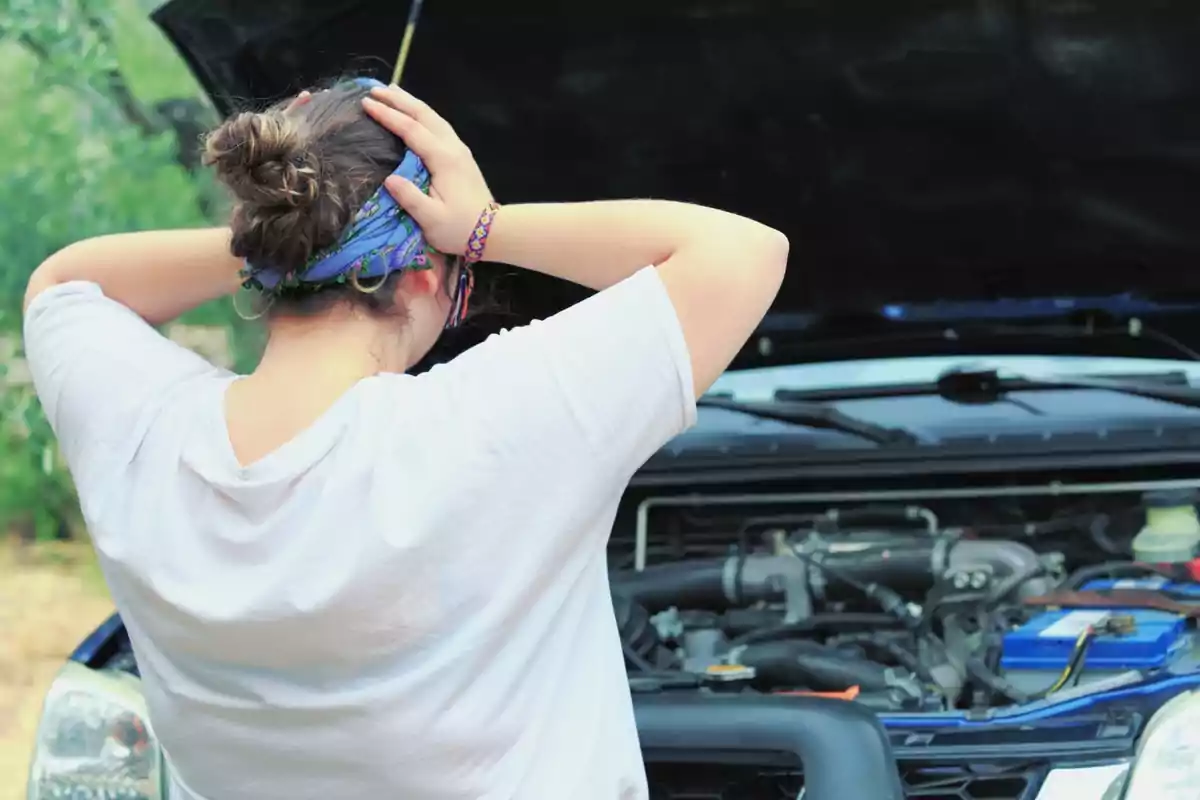 Persona con pañuelo en la cabeza mirando el motor de un coche con el capó abierto.