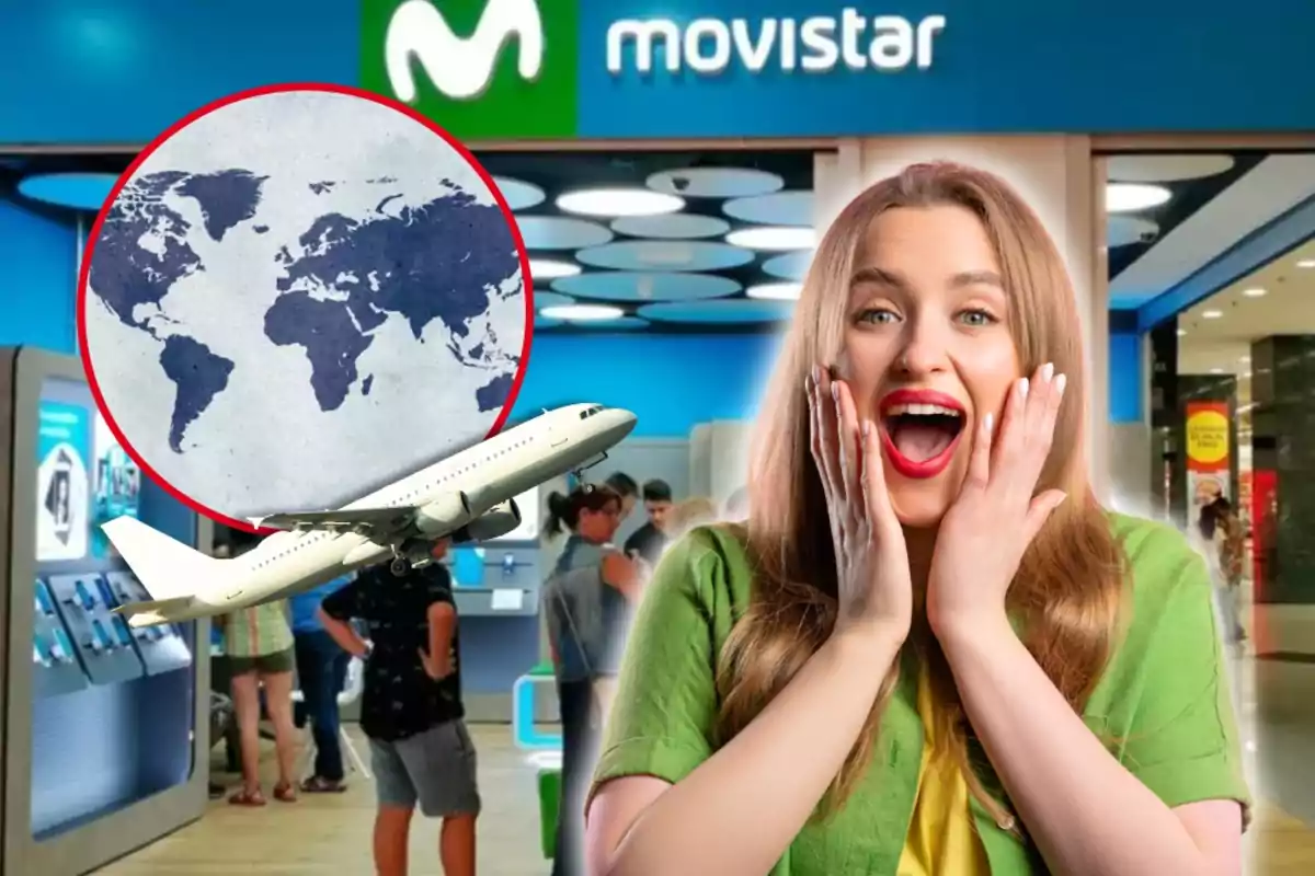 Una mujer emocionada con las manos en la cara, un avión y un mapa del mundo en un círculo rojo, con una tienda de Movistar de fondo.