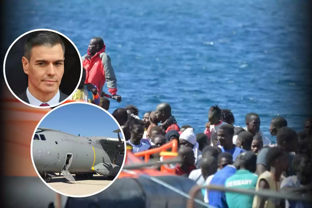 Un grupo de personas en un bote en el mar con dos imágenes superpuestas, una de un hombre y otra de un avión militar en tierra.