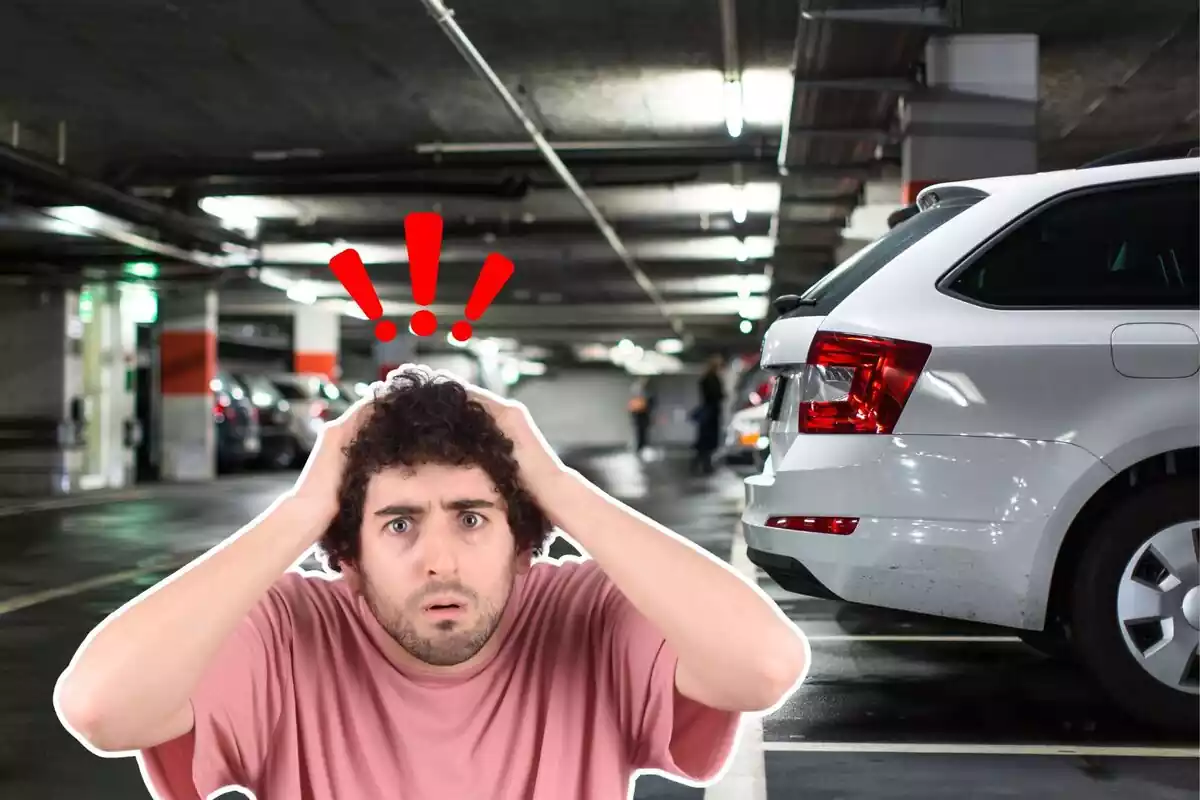 Imagen de fondo de un parking cubierto con coches aparcados y otra imagen de un hombre en primer plano con gesto de susto