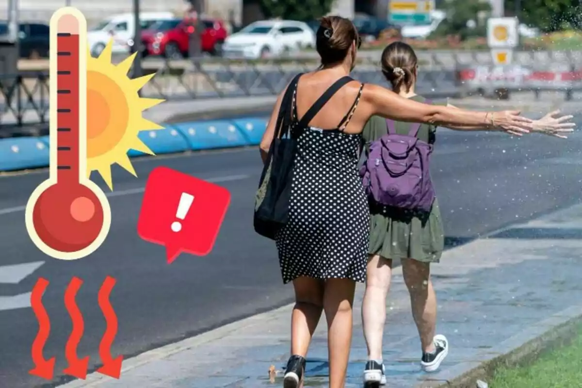 Dos personas caminando por la calle en un día caluroso, con un termómetro y un símbolo de advertencia de calor en la imagen.