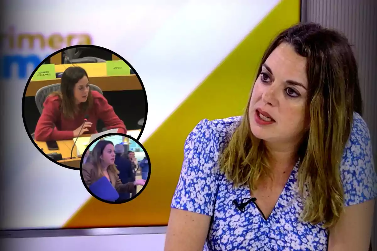 Una mujer con vestido azul de flores está hablando en un estudio de televisión, mientras que en dos círculos se muestran imágenes de otra mujer en diferentes situaciones, una en una reunión y otra en un evento.