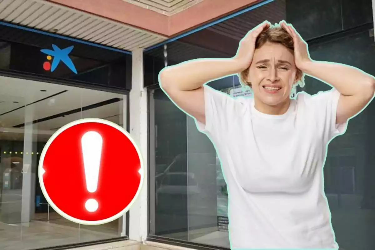 Mujer con expresión de preocupación frente a una sucursal bancaria con un signo de exclamación rojo. Mujer con expresión de preocupación frente a una sucursal bancaria con un signo de exclamación rojo.
